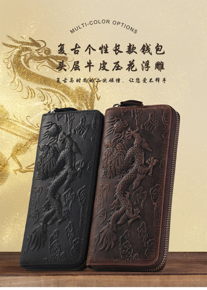 Crazy Horse Leather National Trend Long Wallet Men's Large Capacity Zipper Clutch Genuine Leather Retro Style Men's Wallet Card Holder