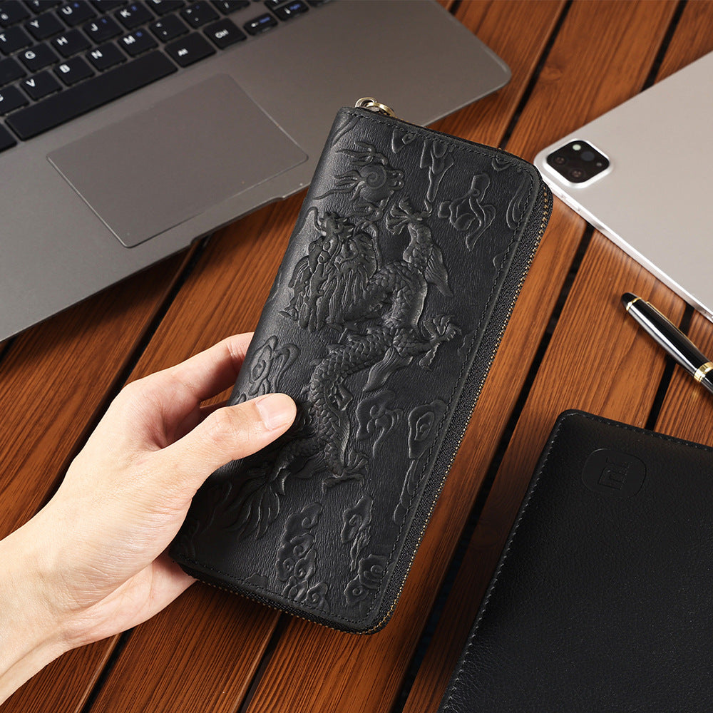 Crazy Horse Leather National Trend Long Wallet Men's Large Capacity Zipper Clutch Genuine Leather Retro Style Men's Wallet Card Holder