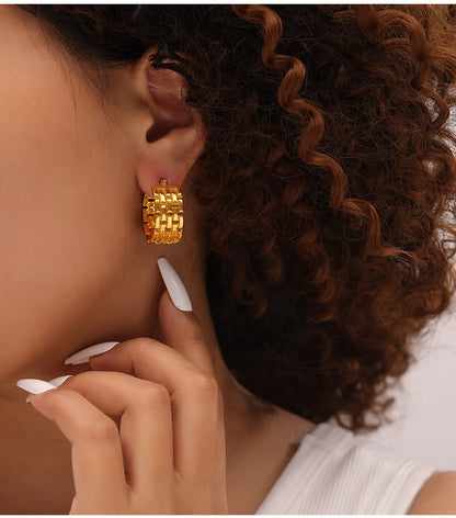 Cross-border Europe and the United States ins wind chain winding stitching C- shaped titanium steel ear buckle female design hollow check does not fade earrings