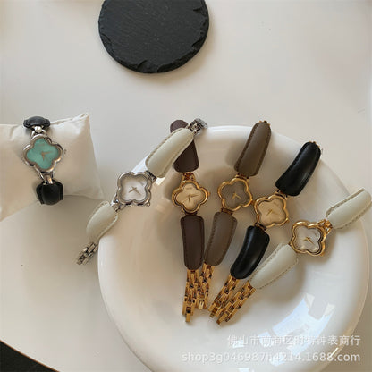 IEKE Fashion Light Luxury Four-leaf Clover Small Chanel Style Leather Bracelet Watch Women's Wristwatch High-end Light Luxury Internet Celebrity Hair