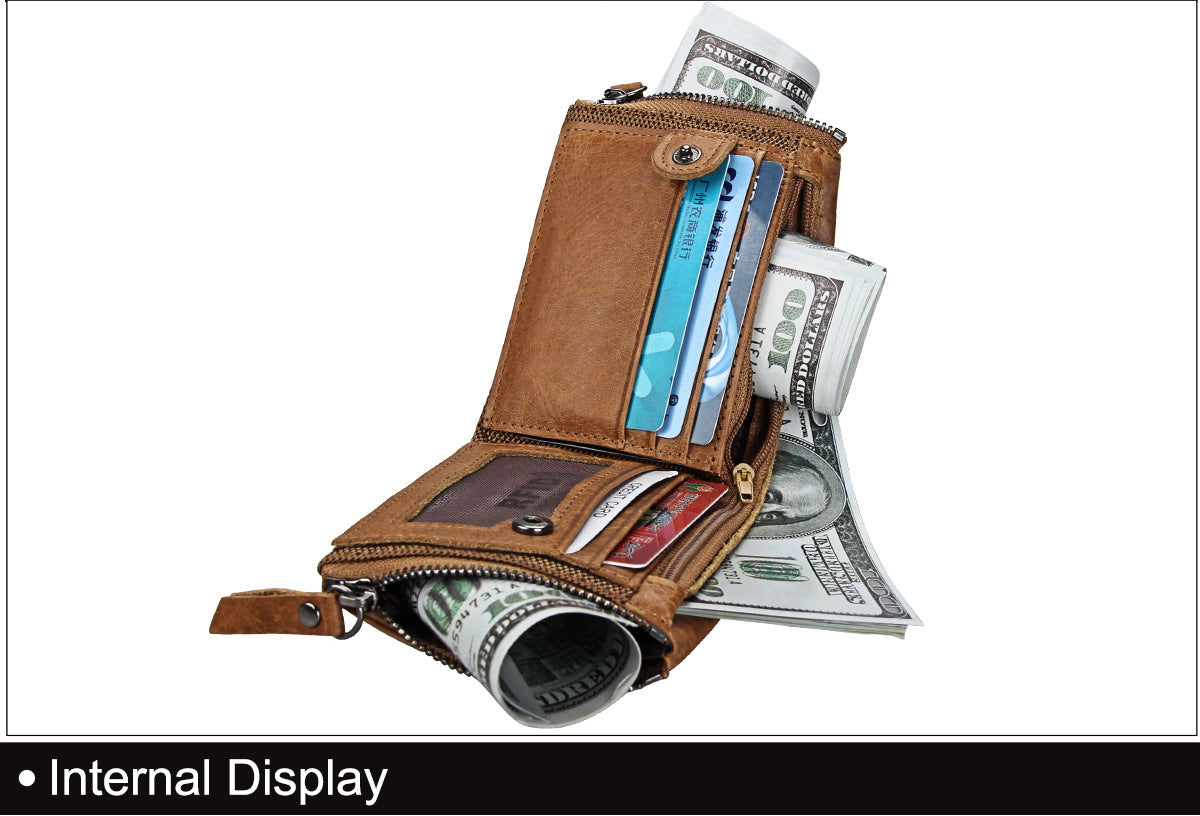 Crazy Horse Cowhide Men's Wallet RFID Anti-theft Brush Cowhide Short Men's Ticket Clip Wallet Double Zipper Coin Purse