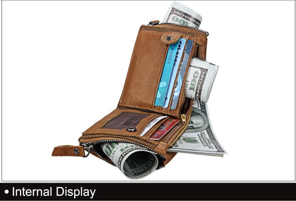Crazy Horse Cowhide Men's Wallet RFID Anti-theft Brush Cowhide Short Men's Ticket Clip Wallet Double Zipper Coin Purse