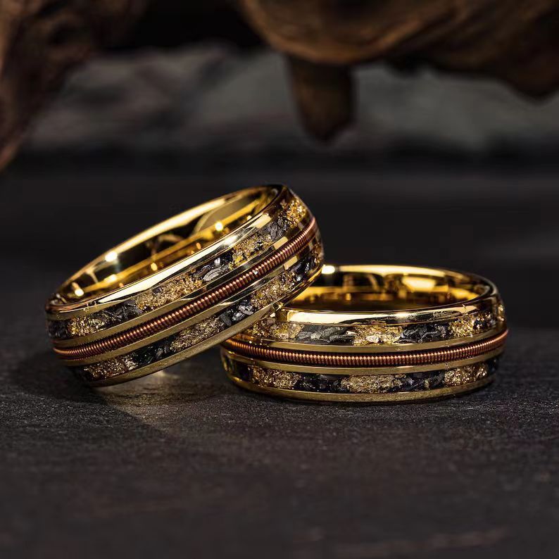 European and American Cross-Border Best-Selling Stainless Steel Rings, Meteorite Inlaid Gold Foil Men's Light Luxury Fashion Personalized Rings Wholesale