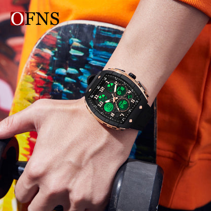 Ofns Fashion Watch Sports Waterproof Watch Barrel-Shaped Multi-Function Luminous Dual-Time Student Digital Watch