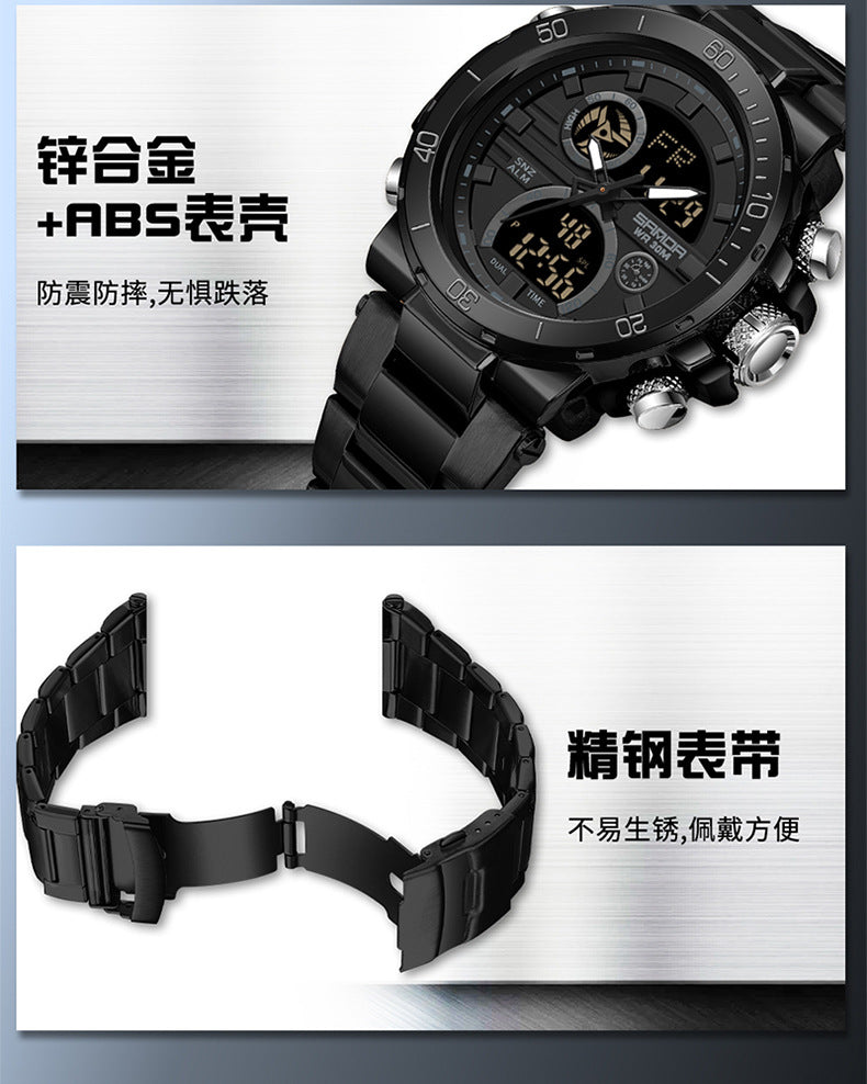 Sanda foreign trade best selling electronic watch fashion business steel band luminous wrist watch multi-functional dual display men's watch wholesale