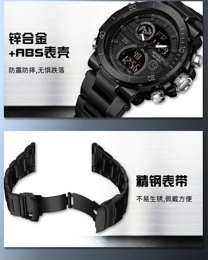 Sanda foreign trade best selling electronic watch fashion business steel band luminous wrist watch multi-functional dual display men's watch wholesale
