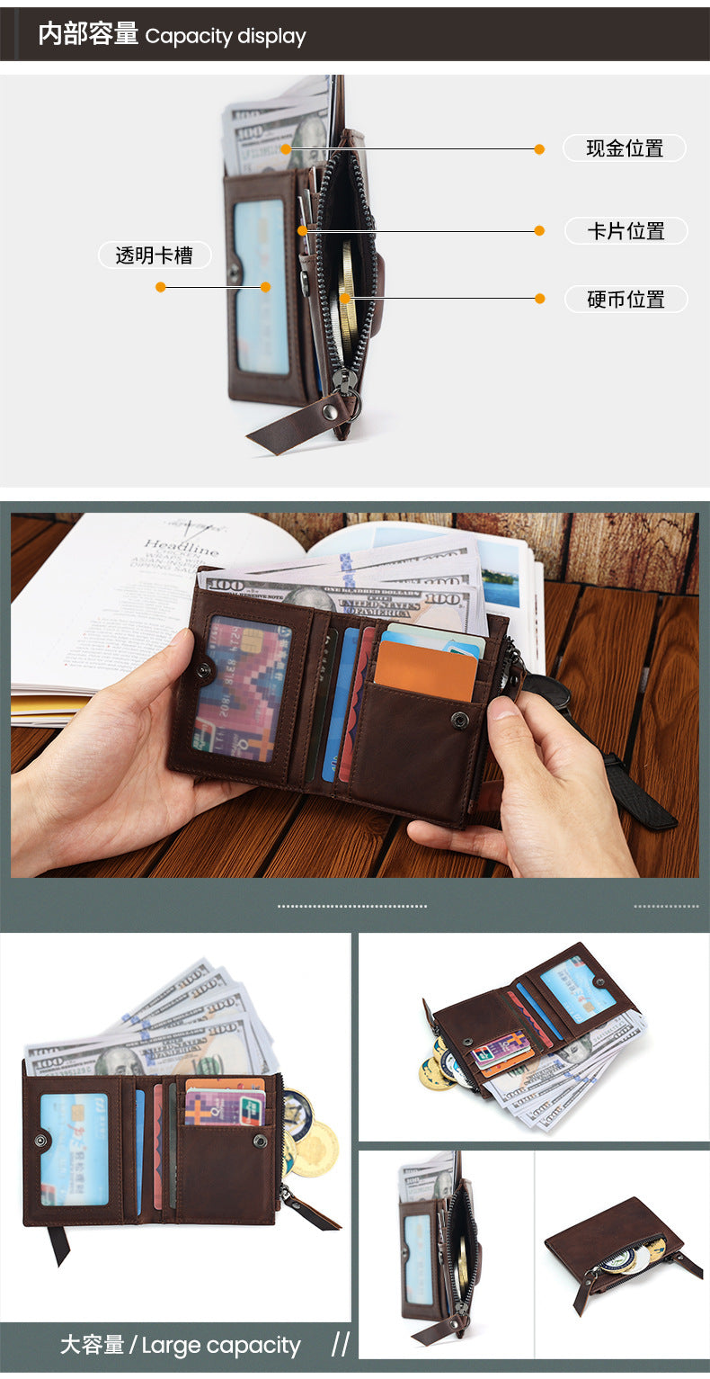 Genuine Leather Classic Retro Short Wallet Men's Bag with Tracker Leather Case Multifunctional Crazy Horse Leather Business Wallet Men