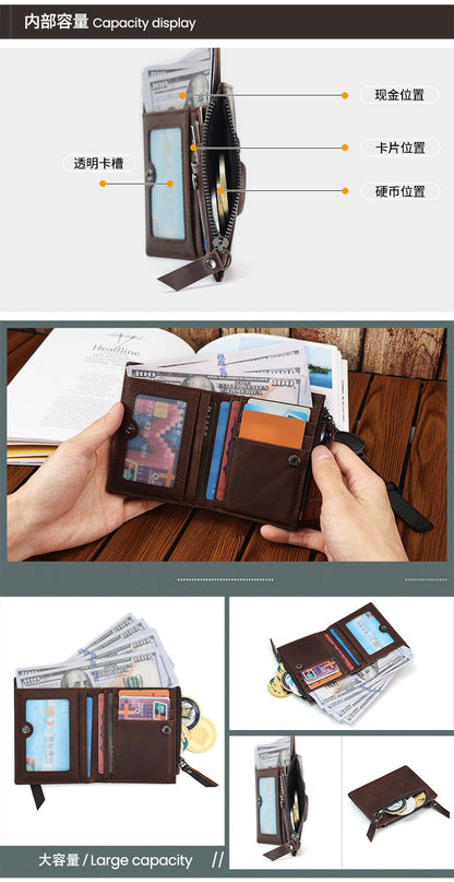 Genuine Leather Classic Retro Short Wallet Men's Bag with Tracker Leather Case Multifunctional Crazy Horse Leather Business Wallet Men