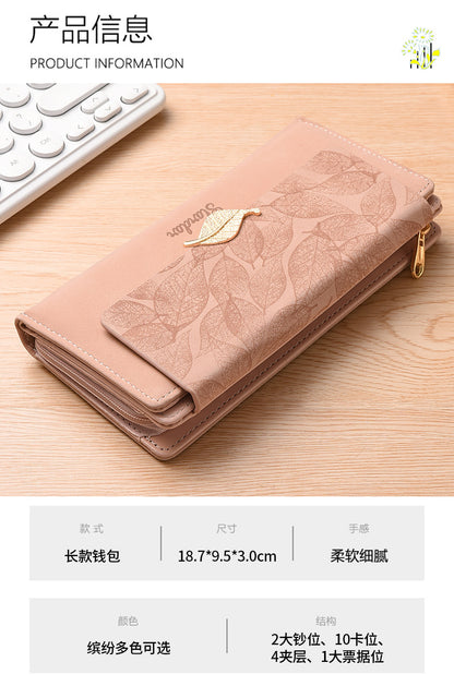 Amazon Cross-border Wallet Wholesale European and American Retro Frosted Leaf Buckle Long Clutch Large Capacity
