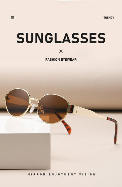 New Metal Oval Sunscreen Sunglasses Cross-Mirror European and American Ins Xiaohongshu Same Style Sunglasses Amazon Hot Selling