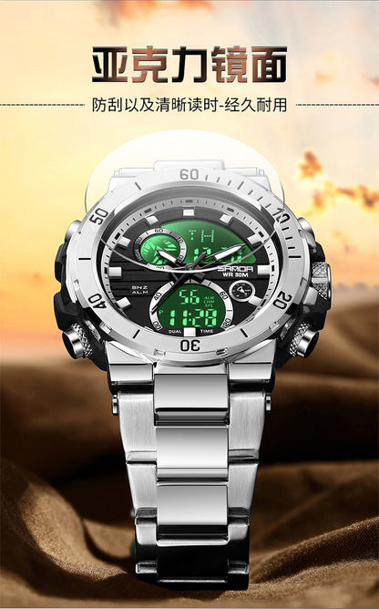Sanda foreign trade best selling electronic watch fashion business steel band luminous wrist watch multi-functional dual display men's watch wholesale
