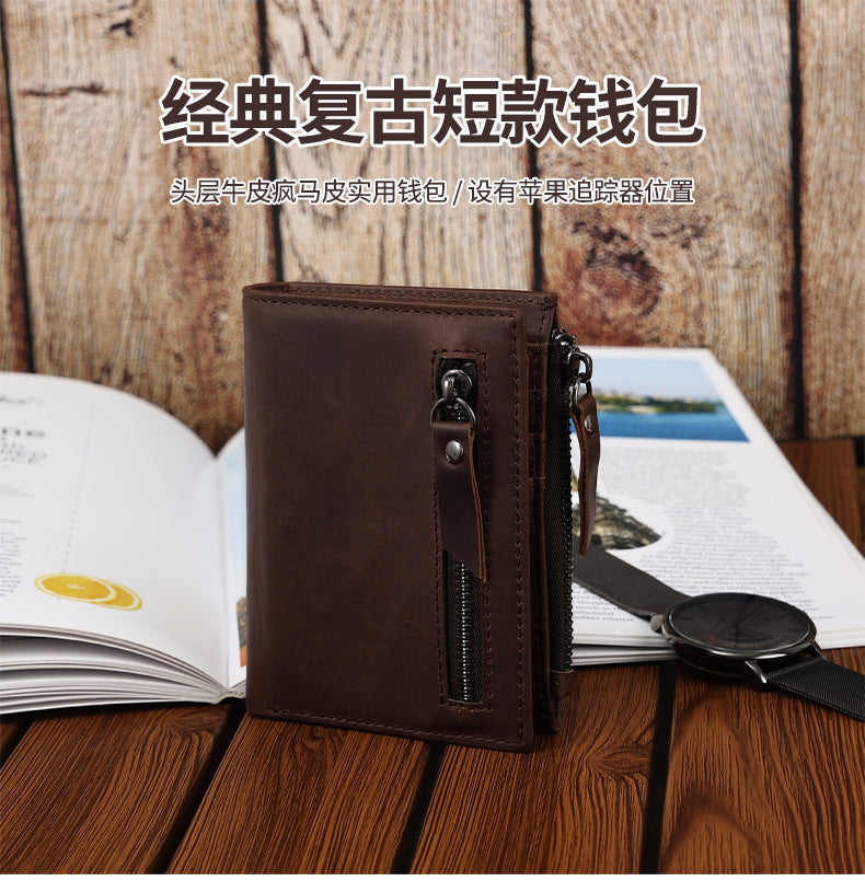 Genuine Leather Classic Retro Short Wallet Men's Bag with Tracker Leather Case Multifunctional Crazy Horse Leather Business Wallet Men