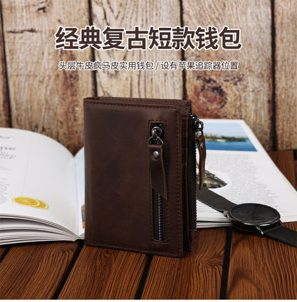 Genuine Leather Classic Retro Short Wallet Men's Bag with Tracker Leather Case Multifunctional Crazy Horse Leather Business Wallet Men