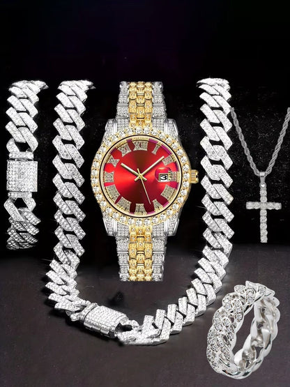 Hiphop Hip Hop Diamond Watch Five-Piece Diamond Cuban Chain Cross Necklace Cuban Ring Cross Border Wholesale