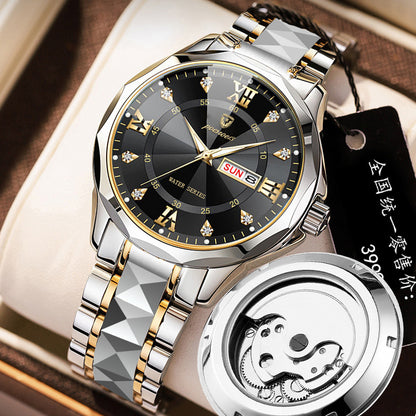 FOURRON brand imitation mechanical hollow-out transparent men's watch butterfly buckle steel belt luminous waterproof calendar Diamond