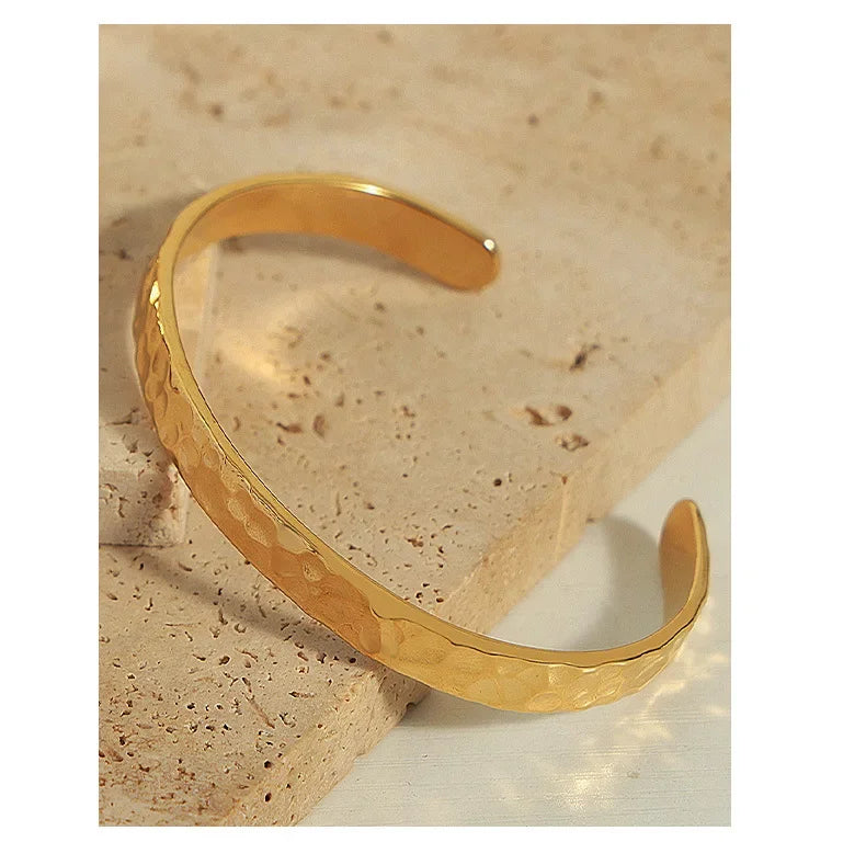 Casual Style Personalized Geometric Jewelry Niche Hammered Texture Design Titanium Steel Gold-Plated Open Bracelet Titanium Steel Bracelet