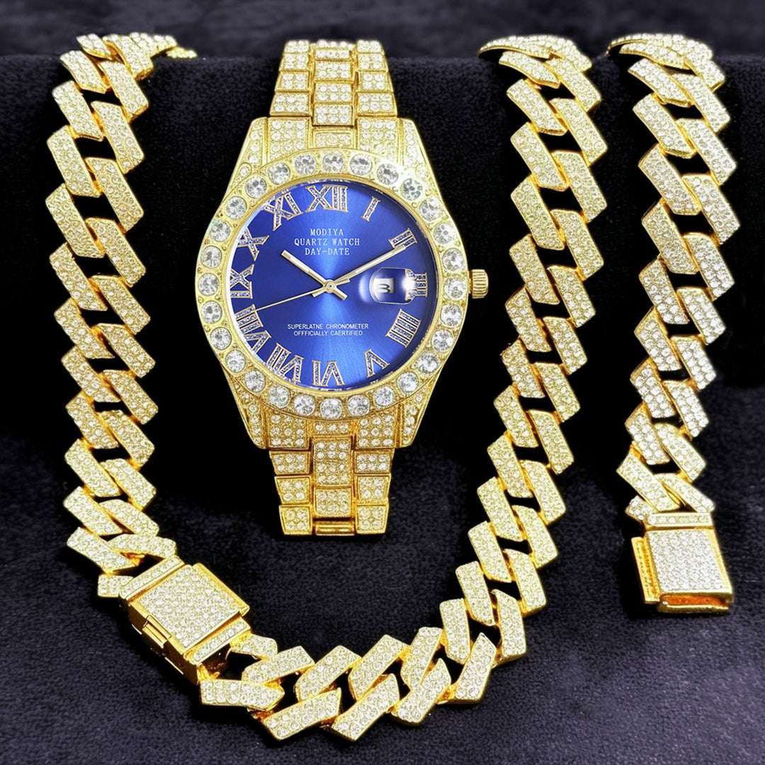 [Bross-Border Hot Item] 16-Piece Set of Various Diamond-Encrusted Watches, Diamond-Shaped Cuban Bracelets and Necklaces, Three-Piece Set