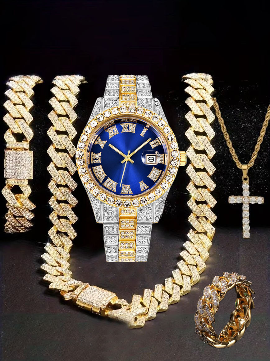 Hiphop Hip Hop Diamond Watch Five-Piece Diamond Cuban Chain Cross Necklace Cuban Ring Cross Border Wholesale