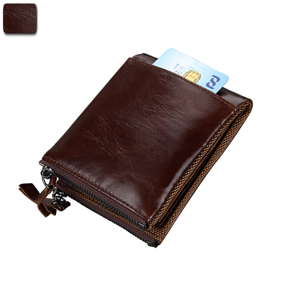 Crazy Horse Cowhide Men's Wallet RFID Anti-theft Brush Cowhide Short Men's Ticket Clip Wallet Double Zipper Coin Purse