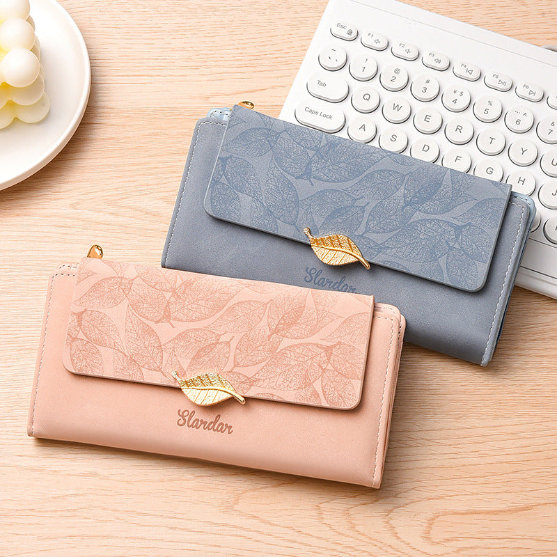 Amazon Cross-border Wallet Wholesale European and American Retro Frosted Leaf Buckle Long Clutch Large Capacity