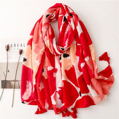 2022 spring and summer scarf women's cross-border foreign trade vintage red cotton linen feel scarf bohemian style long scarf