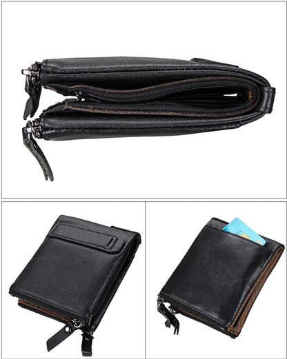 Crazy Horse Cowhide Men's Wallet RFID Anti-theft Brush Cowhide Short Men's Ticket Clip Wallet Double Zipper Coin Purse