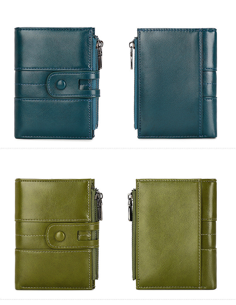 Cross-Border 2025Rfid Anti-Theft Wallet Retro Oil Wax Leather Double Zipper Coin Purse European and American Fashion Short Wallet