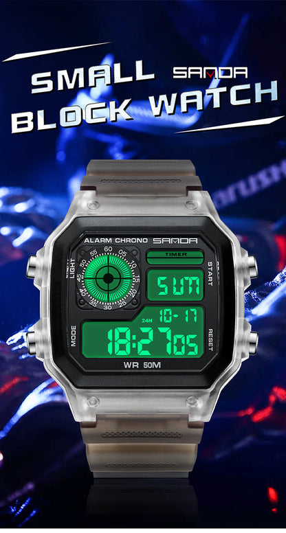 Sanda Hot-selling Square Watch Luminous Waterproof Alarm Student Watch Simple Korean Transparent Sports Electronic Watch