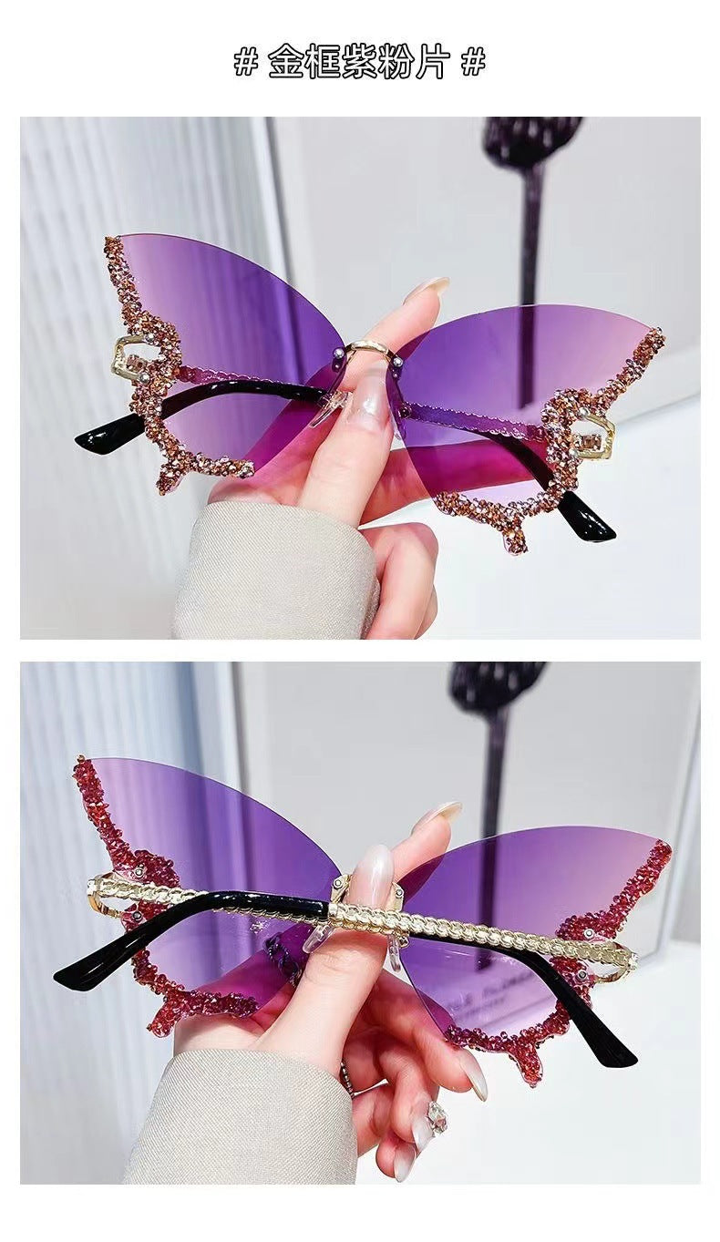 Cross-border New Butterfly Shape Diamond Rimless Sunglasses Women's Fashion Personality Exaggerated Sunglasses European and American Internet Red Broken Diamond