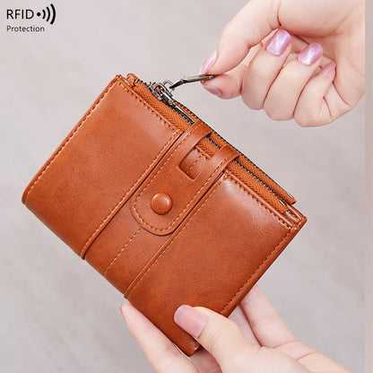 Cross-Border 2025Rfid Anti-Theft Wallet Retro Oil Wax Leather Double Zipper Coin Purse European and American Fashion Short Wallet