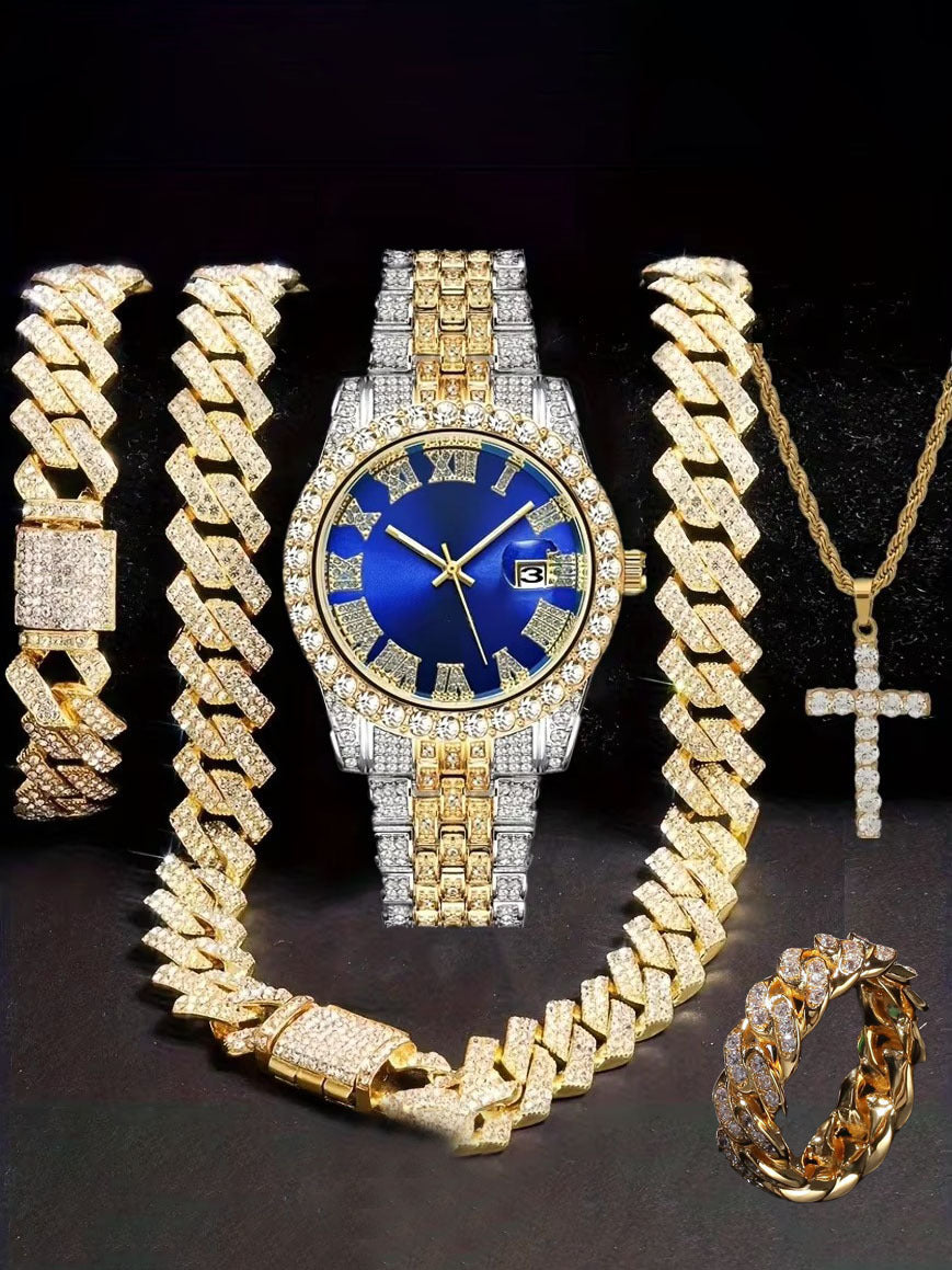 Hiphop Hip Hop Diamond Watch Five-Piece Diamond Cuban Chain Cross Necklace Cuban Ring Cross Border Wholesale