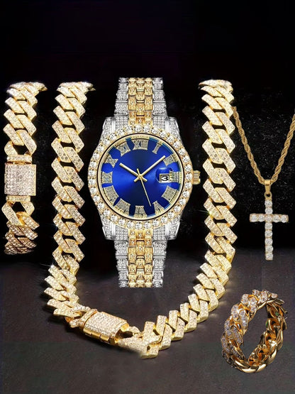 Hiphop Hip Hop Diamond Watch Five-Piece Diamond Cuban Chain Cross Necklace Cuban Ring Cross Border Wholesale