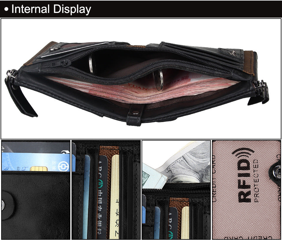 Crazy Horse Cowhide Men's Wallet RFID Anti-theft Brush Cowhide Short Men's Ticket Clip Wallet Double Zipper Coin Purse
