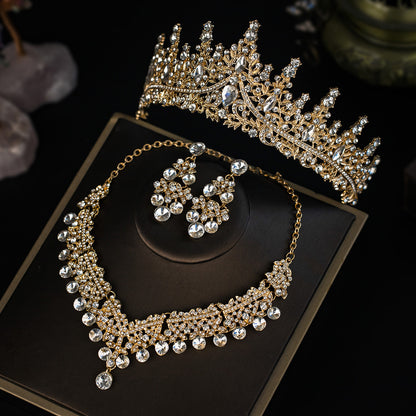 European and American Bride Jewelry Three-piece Suit High-class Dance Wedding Jewelry Alloy Diamond Crown Necklace Earrings suit