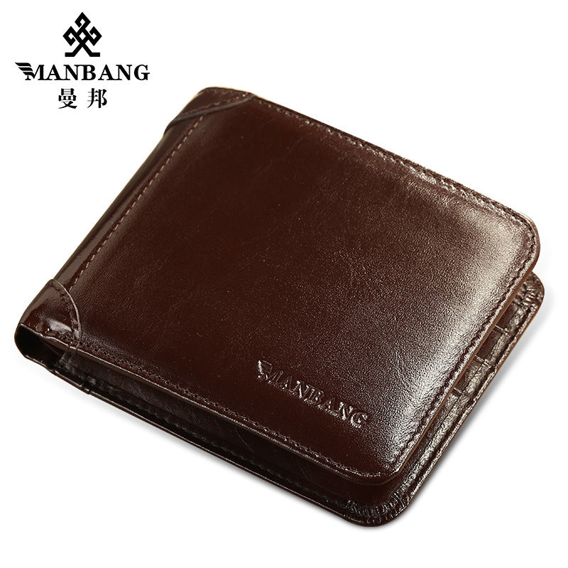 Cross-Border Dropshipping Manbang Men's Wallet Horizontal First-Layer Cowhide Wallet Classic Short 70% off Rifd Anti-Theft Brush