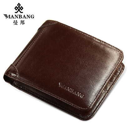 Cross-Border Dropshipping Manbang Men's Wallet Horizontal First-Layer Cowhide Wallet Classic Short 70% off Rifd Anti-Theft Brush