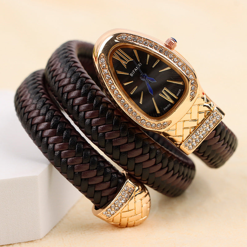 New Cross-Border Snake-Shaped Watch, Fashionable and Creative Personalized Quartz Watch for Women, Diamond-Encrusted Leather Strap Bracelet, Fashionable Watch