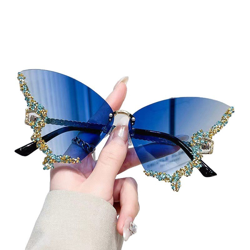 Cross-border New Butterfly Shape Diamond Rimless Sunglasses Women's Fashion Personality Exaggerated Sunglasses European and American Internet Red Broken Diamond
