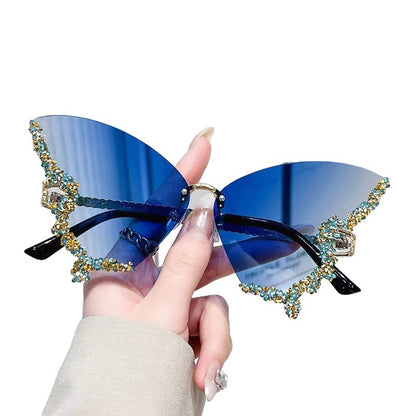 Cross-border New Butterfly Shape Diamond Rimless Sunglasses Women's Fashion Personality Exaggerated Sunglasses European and American Internet Red Broken Diamond