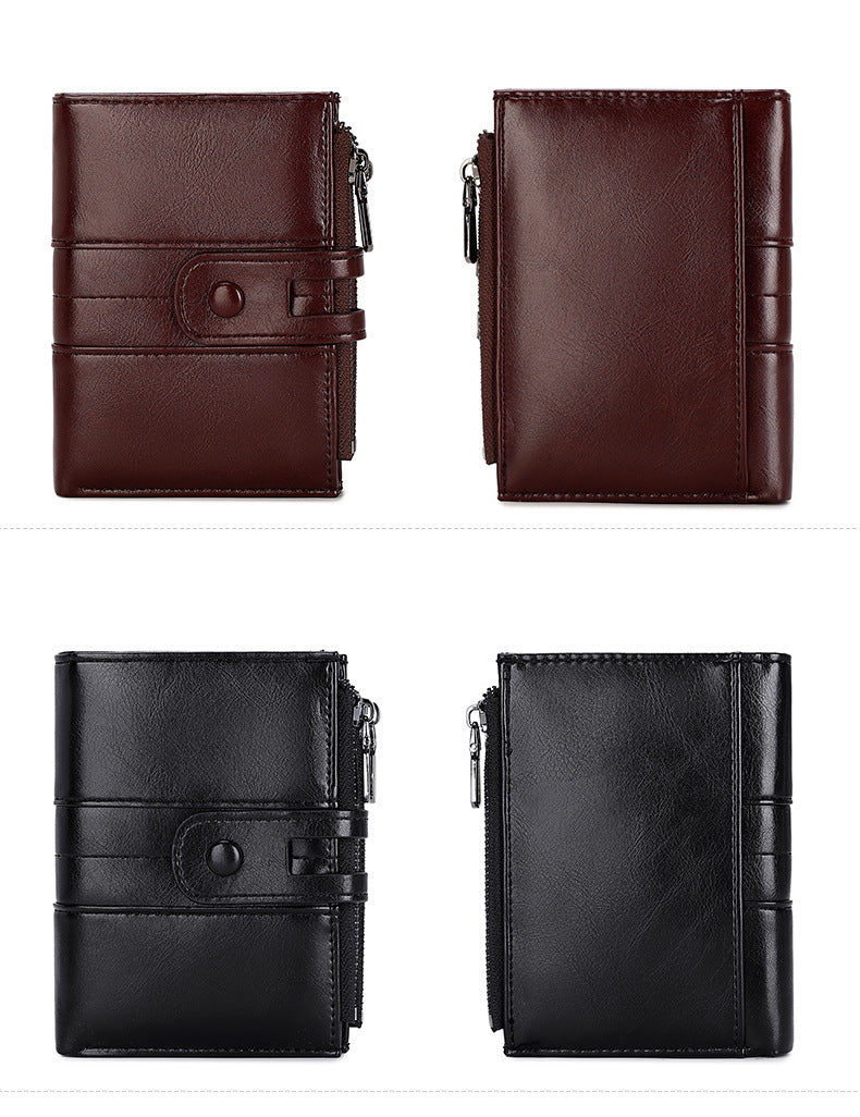 Cross-Border 2025Rfid Anti-Theft Wallet Retro Oil Wax Leather Double Zipper Coin Purse European and American Fashion Short Wallet