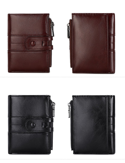 Cross-Border 2025Rfid Anti-Theft Wallet Retro Oil Wax Leather Double Zipper Coin Purse European and American Fashion Short Wallet
