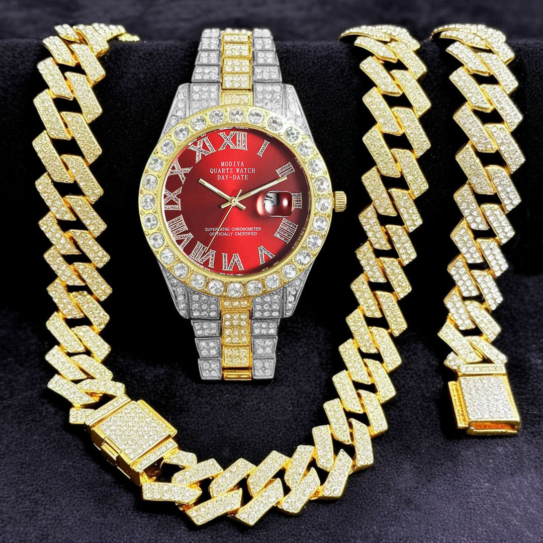 [Bross-Border Hot Item] 16-Piece Set of Various Diamond-Encrusted Watches, Diamond-Shaped Cuban Bracelets and Necklaces, Three-Piece Set