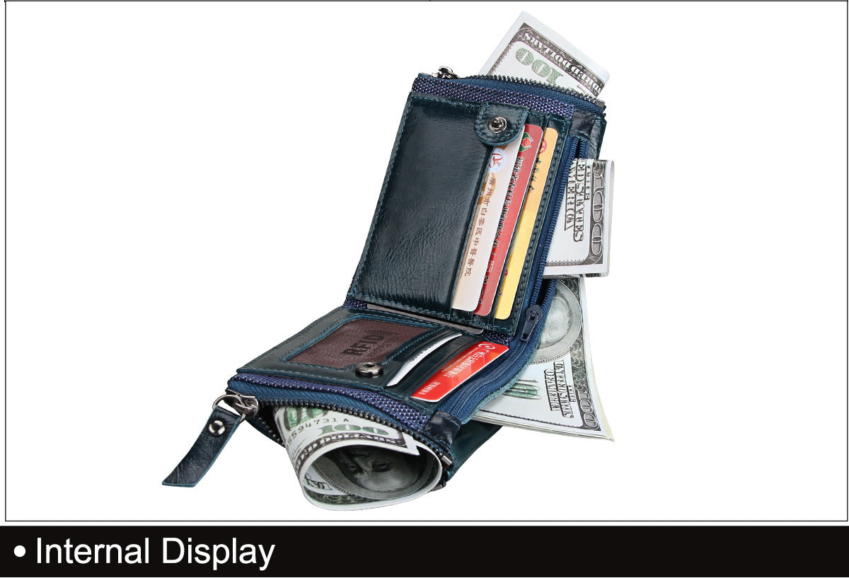 Crazy Horse Cowhide Men's Wallet RFID Anti-theft Brush Cowhide Short Men's Ticket Clip Wallet Double Zipper Coin Purse