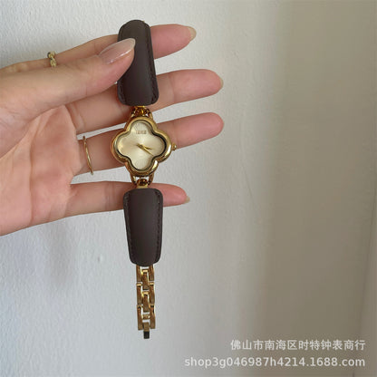 IEKE Fashion Light Luxury Four-leaf Clover Small Chanel Style Leather Bracelet Watch Women's Wristwatch High-end Light Luxury Internet Celebrity Hair