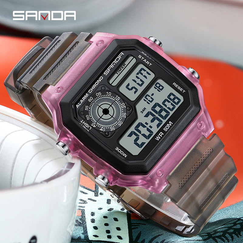 Sanda Hot-selling Square Watch Luminous Waterproof Alarm Student Watch Simple Korean Transparent Sports Electronic Watch
