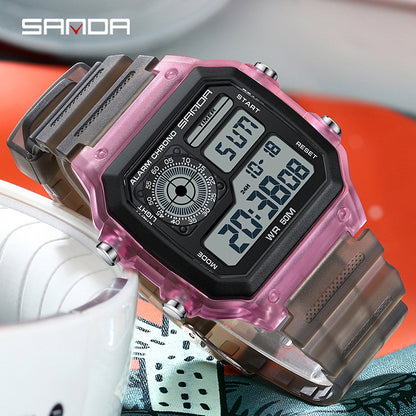 Sanda Hot-selling Square Watch Luminous Waterproof Alarm Student Watch Simple Korean Transparent Sports Electronic Watch