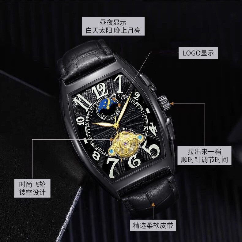 Barrel Type Fully Automatic Wheel Hollow Mechanical Watch Men's Business Simple Fashion Multifunctional Watch Wholesale