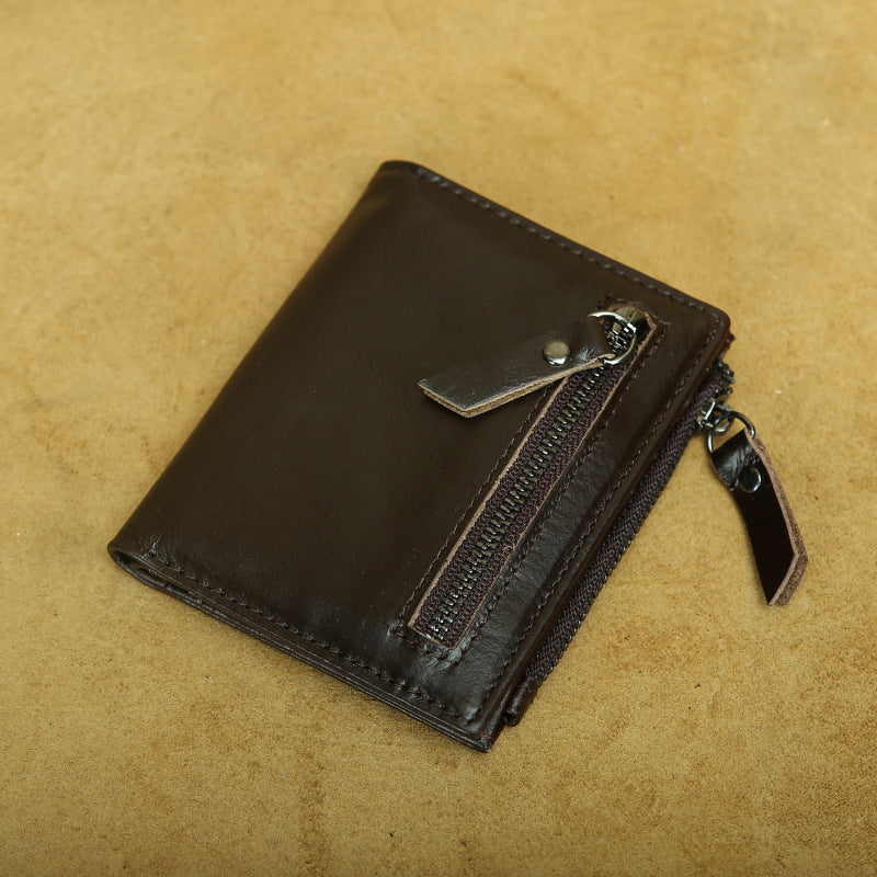 Shikangxin Vintage Genuine Leather Wallet Men's Short Wallet Multifunctional Zipper Bag Casual Oil Wax Cowhide Wallet