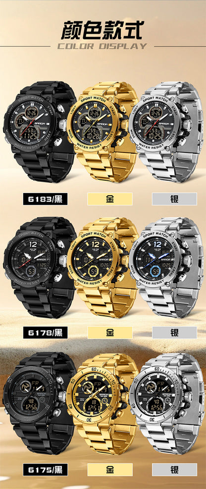 Sanda foreign trade best selling electronic watch fashion business steel band luminous wrist watch multi-functional dual display men's watch wholesale