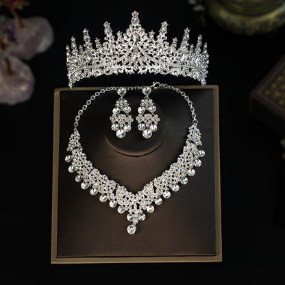European and American Bride Jewelry Three-piece Suit High-class Dance Wedding Jewelry Alloy Diamond Crown Necklace Earrings suit